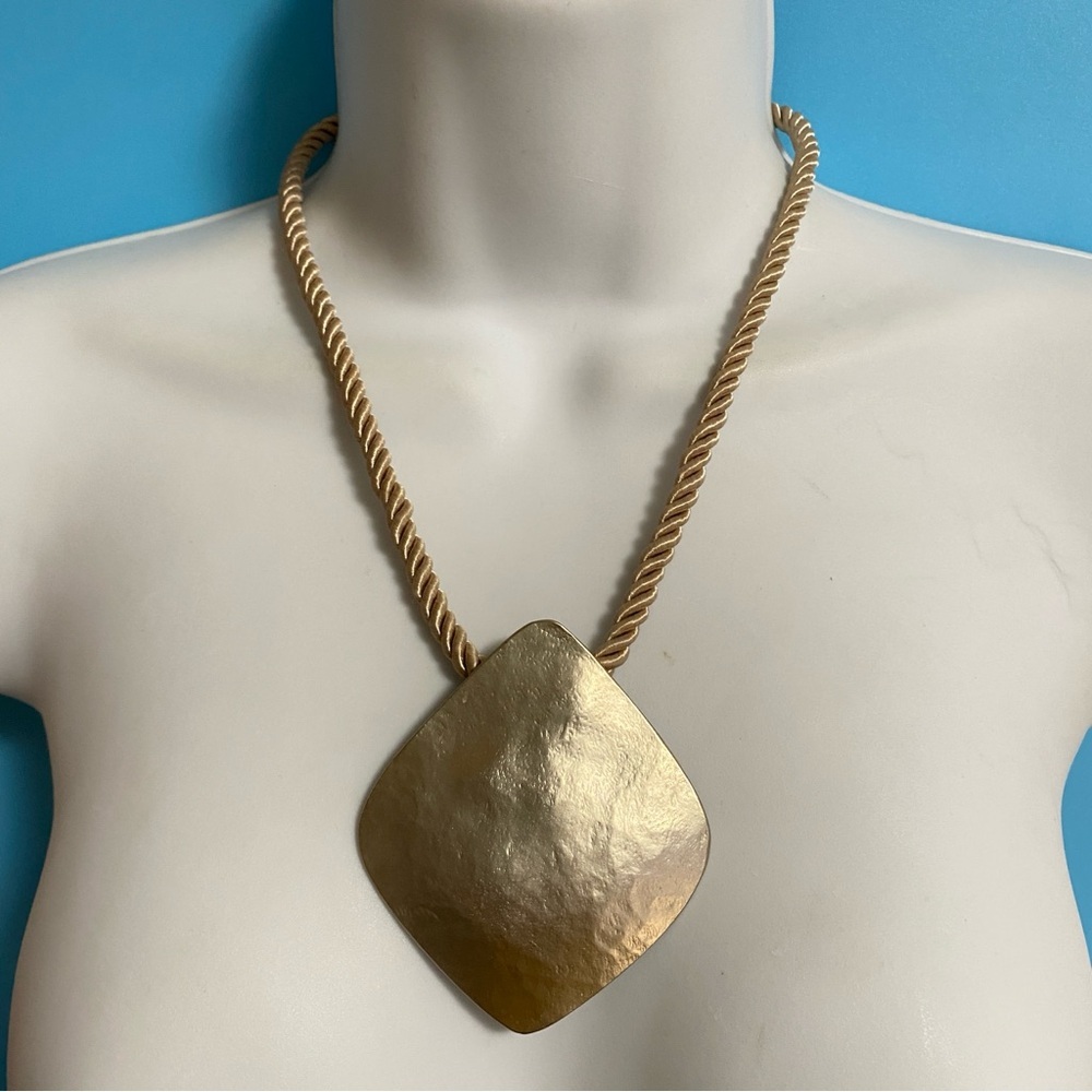 CHICO'S Gold Tone Necklace Hammered Square Pendant Beige Silk Cording 18"-22"